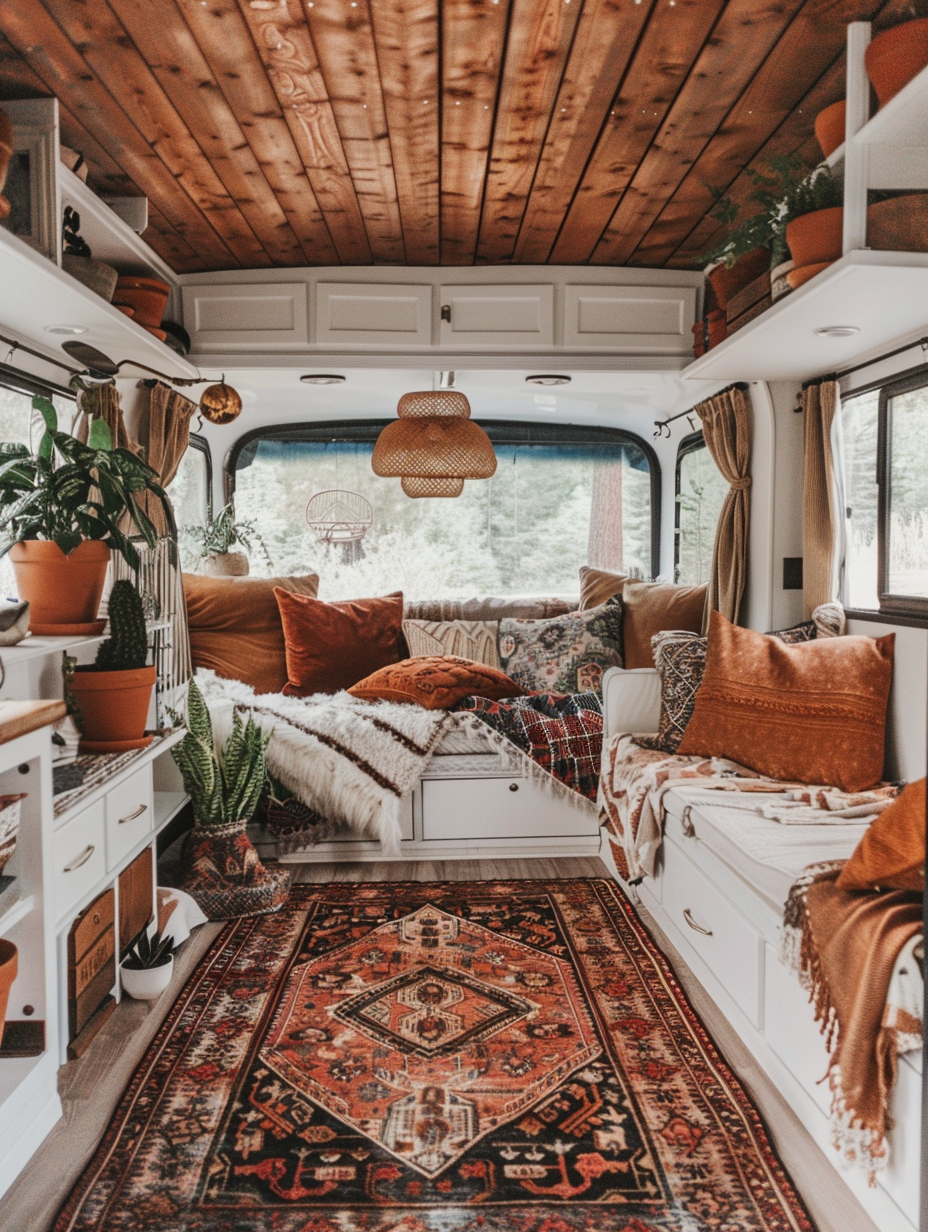 Boho RV Camper. White interior with an exposed wood ceiling, patterned rugs, potted indoor plants, and rust-colored cushions.