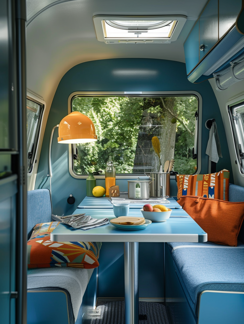 Small camper interior idea. Blue-painted dining area with a lamp hanging over the table and a view of the compact kitchen space that contains multi-functional appliances.