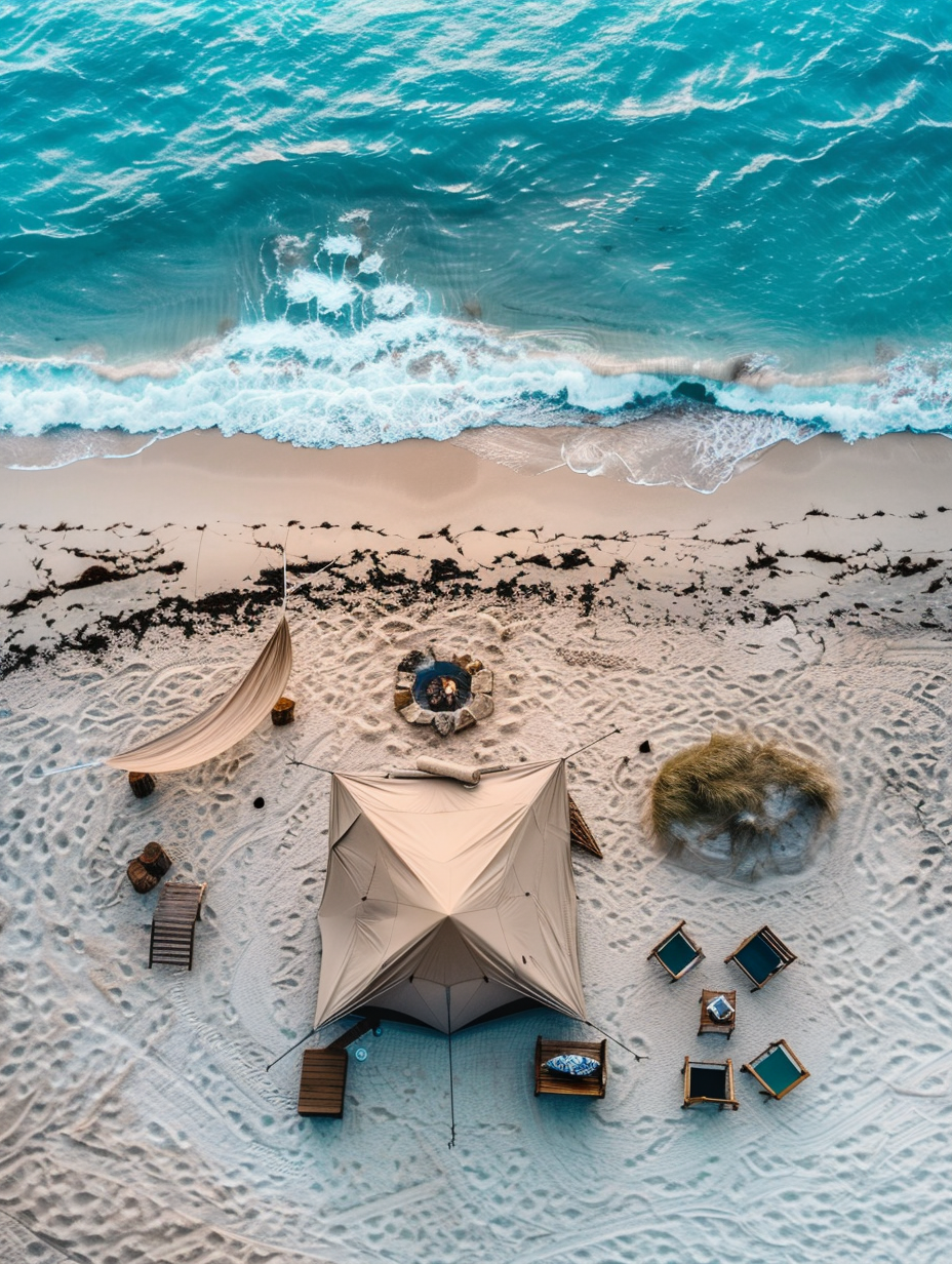 Beach camping design. An aerial shot showcasing a fully pitched light-colored canvas tent, a hammock, and a dedicated campfire area surrounded by rustic seating, all located on a sandy beach with bright blue waves cresting seaward.