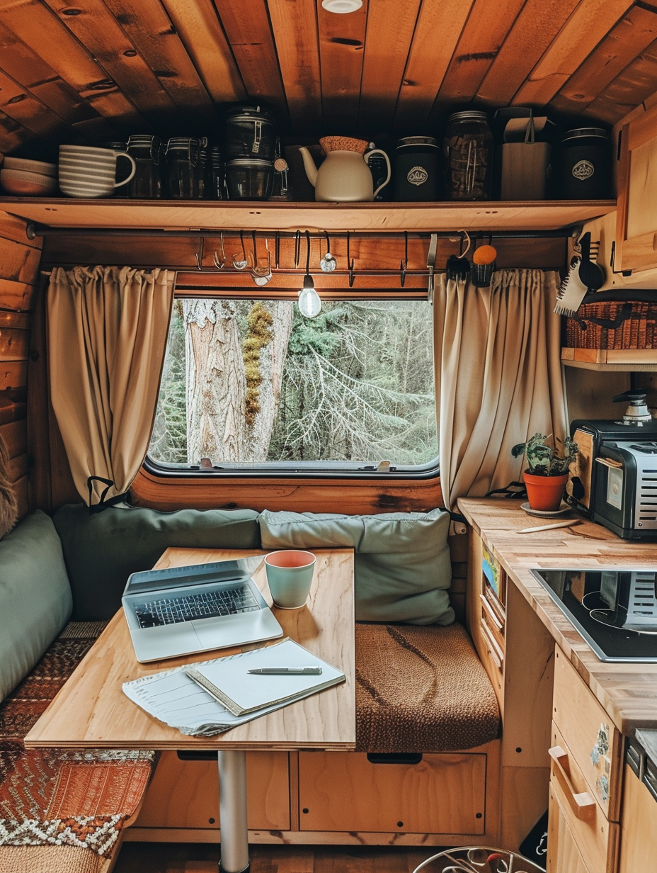 Camper van interior. Natural wood paneling and small vintage-style accent rug, a foldout desk beneath a window with cream curtains, wrought-iron style hooks holding cups and utensils overhead. Soft red-yellow patinaed light filtering in from six small square glass window panes behind. Dilute grey-blue resin shield cook-top and silver MacBook on a pivoting cherry oak table near a sage green boucle upholstered booth seat.