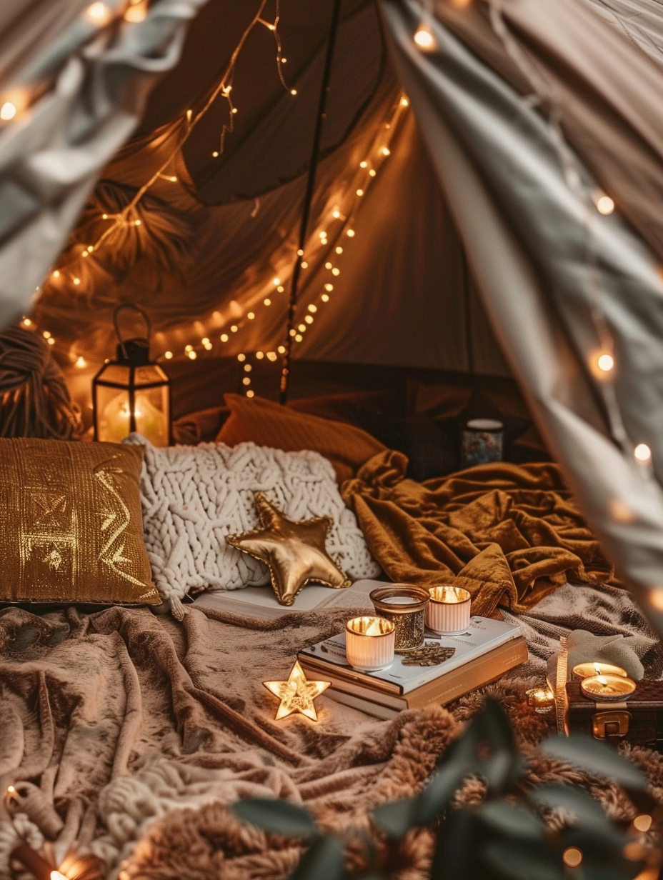 Interior of a tent. Velvet blankets and gold pillows, draped string of fairy lights, hanging lanterns, a collection of fantasy themed hardcover books, a peace lily plant for touch of green and scattering of gold-star shaped decorations.