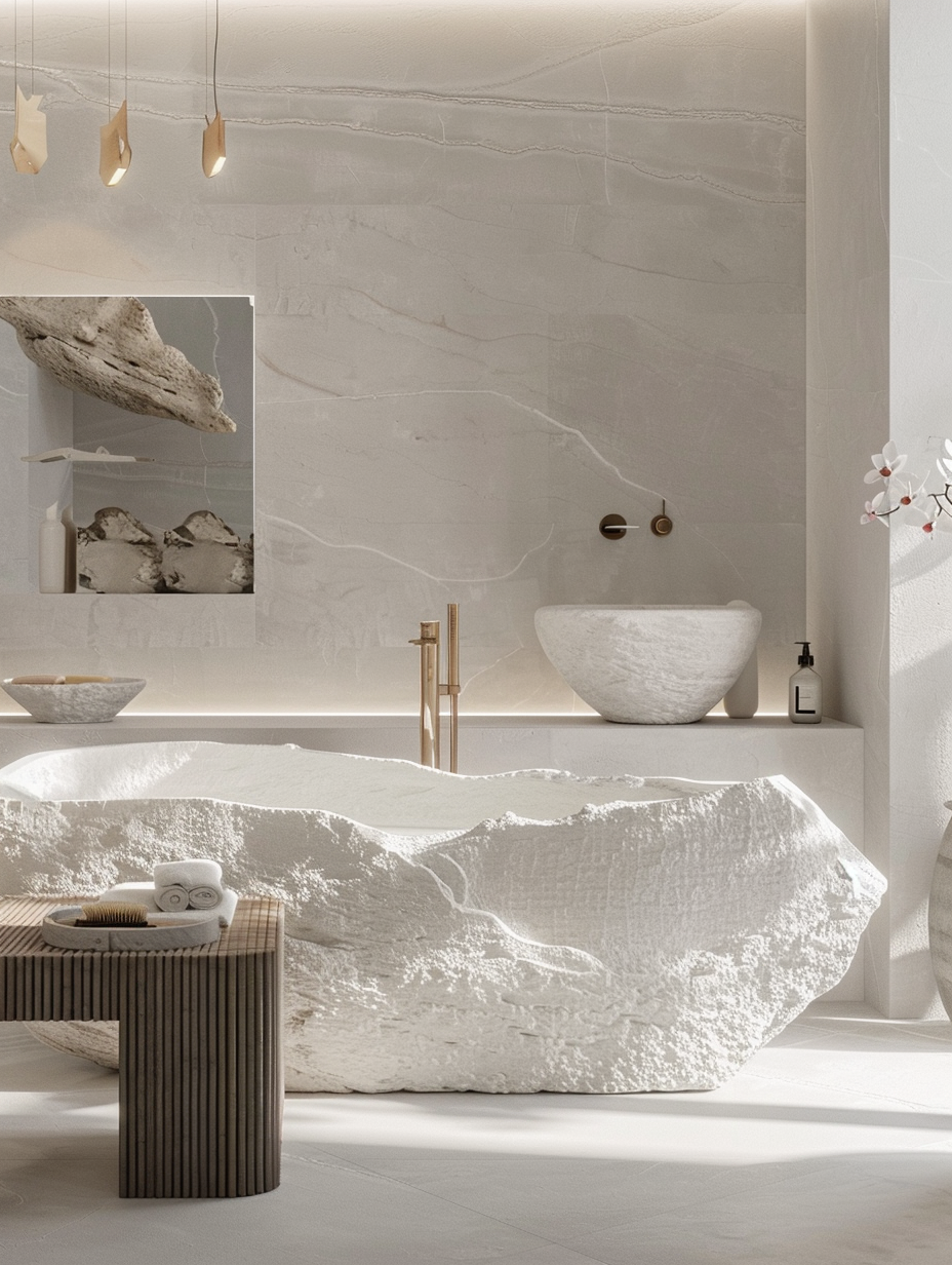 Quiet luxury bathroom design. Freestanding bathtub made from white stone.