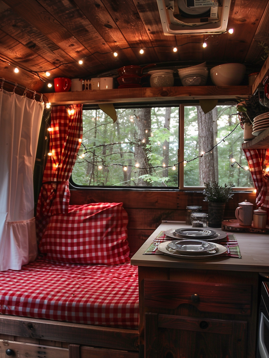 Small camper interior. Rustic wooden panels with red checkered upholstery, paired with a compact fold-down bed, wall-mounted storage boxes, and color coordinated plates, mugs and flatware on the kitchenette counter and shelves lit by strings of fairy lights. At the back, an overhead and front-facing single large window showcasing part of the dense woods it's parked in.