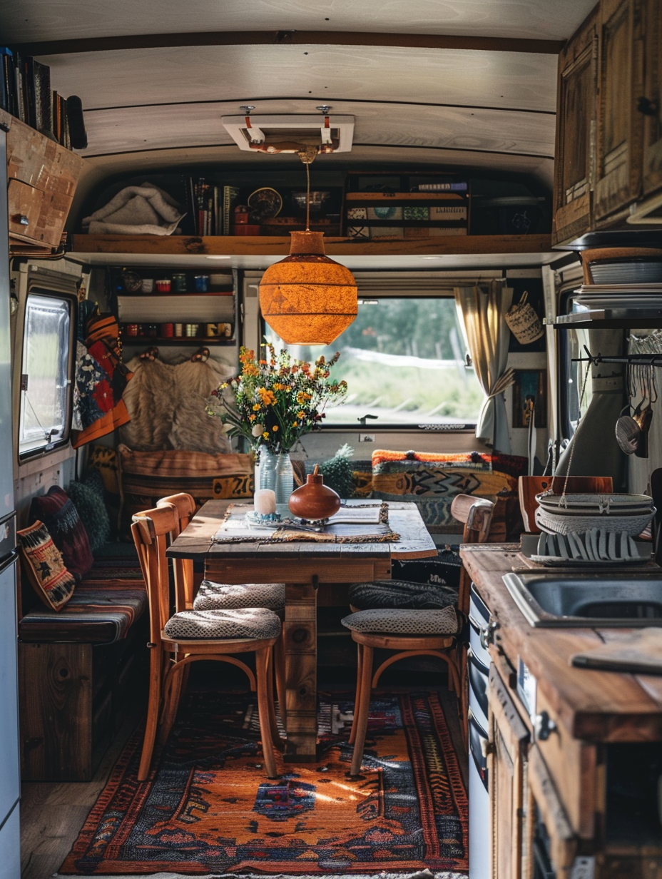 Boho RV Camper interior. Amber pendant light over rustic wooden dining table.