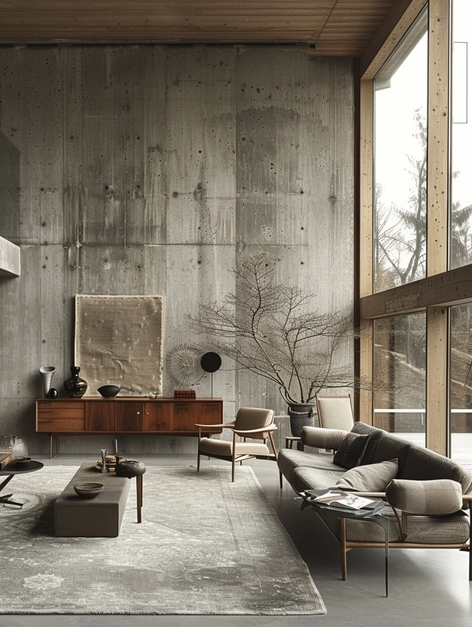 Living room. Exposed concrete walls with minimalist wooden furniture and grey rug.