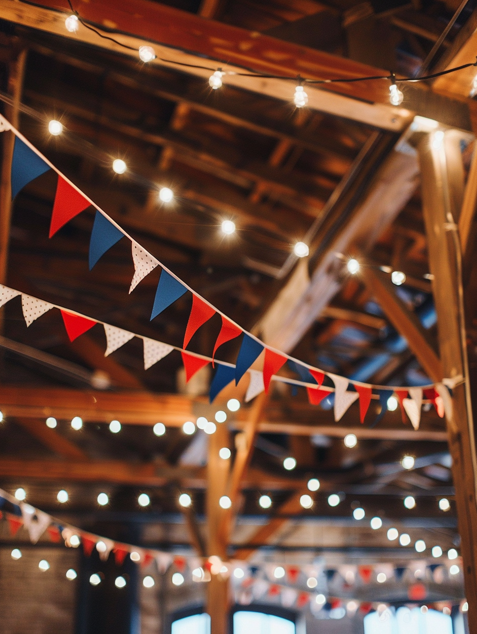 Fourth of July themed loft party. Red, white, and blue bunting draped between industrial-style loft beams.