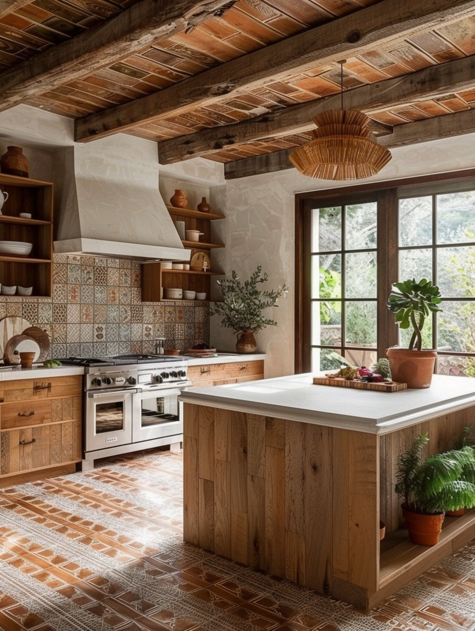 Boho kitchen. Coastal tone Morrocan tiles flooring with help Island and potted bottom pine near door.