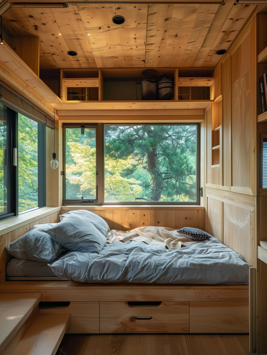 Japanese style tiny-house interior design. Wooden walls with built-in storage and a minimalist futon bed.