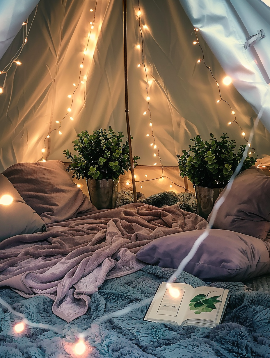 Glamorous tent interior. Bluebell color blankets and mauve faux suede pillows arranged under a string of twinkling fairy lights, four jade leafy plants placed strategically, a pile of hardcover detective novels, geometric design decorations beautifying the corners.