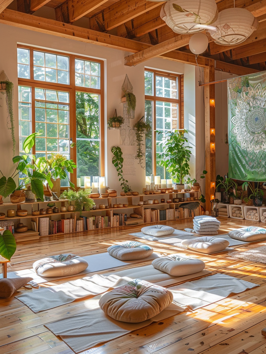 Open space yoga studio. Huge windows streaming in natural light, green leafy plants dotted around the room, wooden furnitures that include bookshelves and cabinets, foam mattresses spread evenly on polished wood floors, mandala tapestries hanging on the walls, and an array of scented candles arranged on a low-set wooden table.