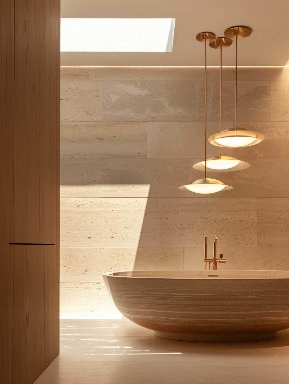 Quiet luxury bathroom design. Cladded Portuguese limestone walls with a freestanding oval bathtub made from marble, brushed gold embellishments, with mid-century pendant lights peeking out over a sleek skylight.