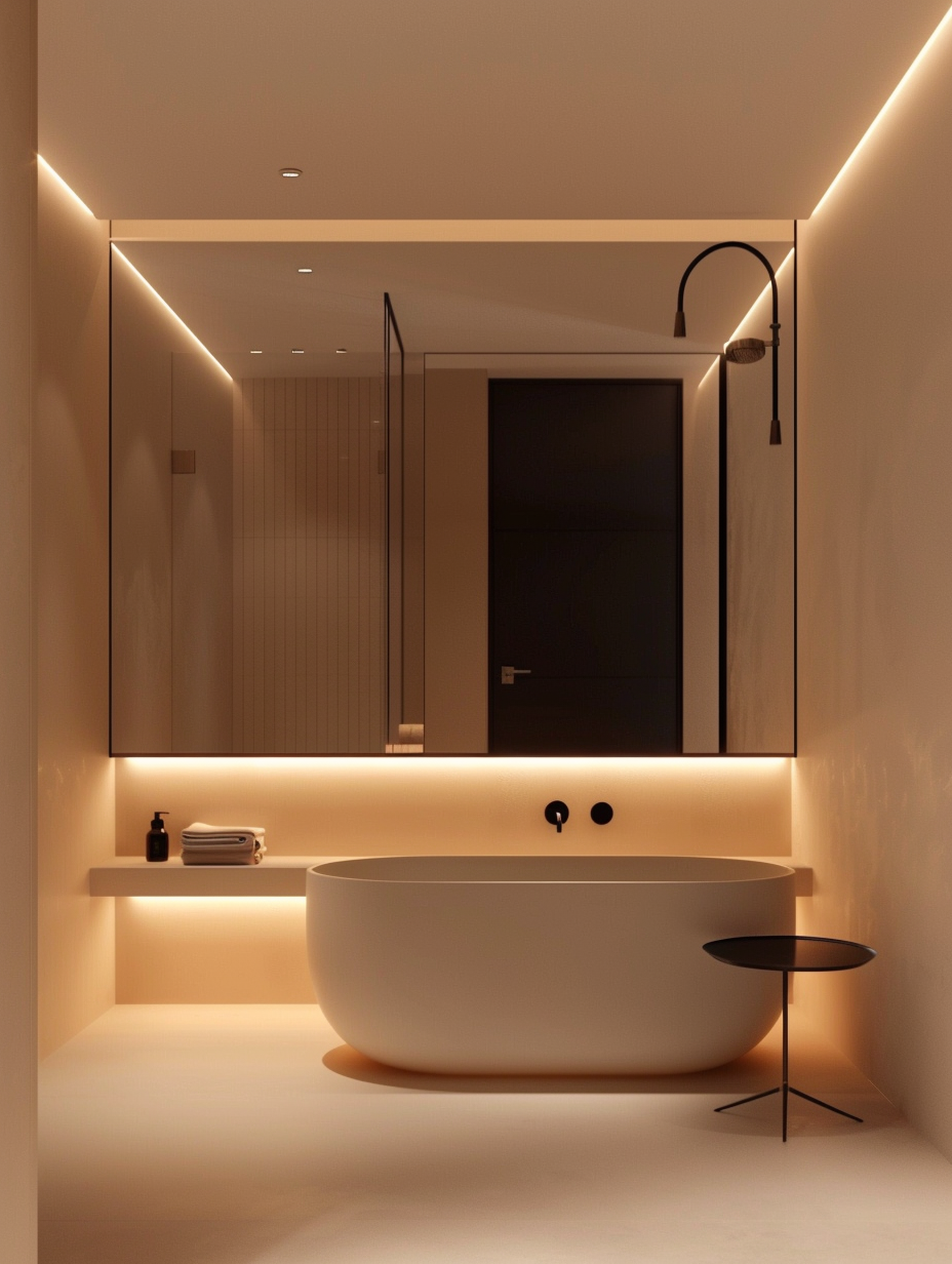 Bathroom design. Cream painted walls, backlit mirror section, freestanding rectangle tub, matte black fixtures.