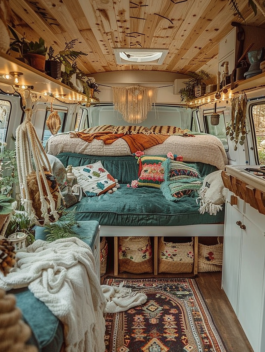 Boho RV Camper. Whitewashed wooden panels, macrame hangings with warm glowing string lights, an in-built hammock, plants scattered around the interior, and a turquoise velvet couch complemented by bohemian-patterned pillows.