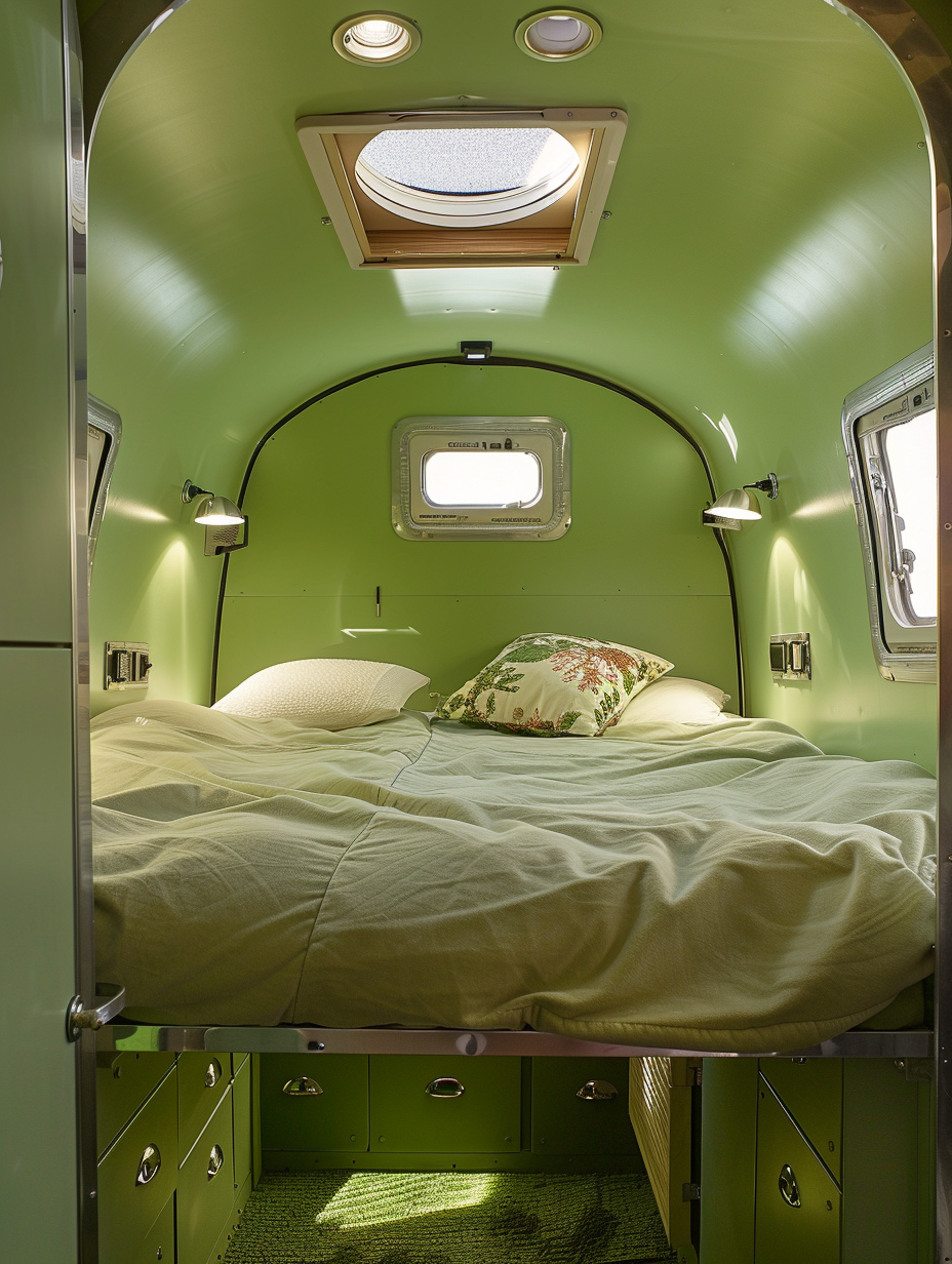 Small camper interior. wall-mounted soda-colored pull-down bed with moss green painted walls, oatmeal flax-colored overall flooring and Turkish antique bronze solarized skylight as the centerpiece of the ceiling.