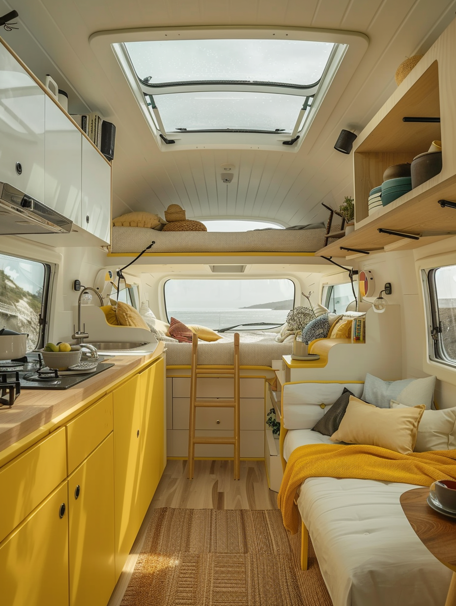 Small camper interior idea. Clear view of pastel yellow dining and kitchen area with a ceiling-top panoramic window and retractable ladder leading to bed loft enclosed by see-through domework.