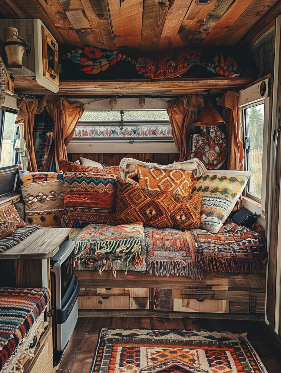 Boho RV Camper. An interior view displaying a mix of vibrant patterned cushions on a display of rustic wooden furniture.