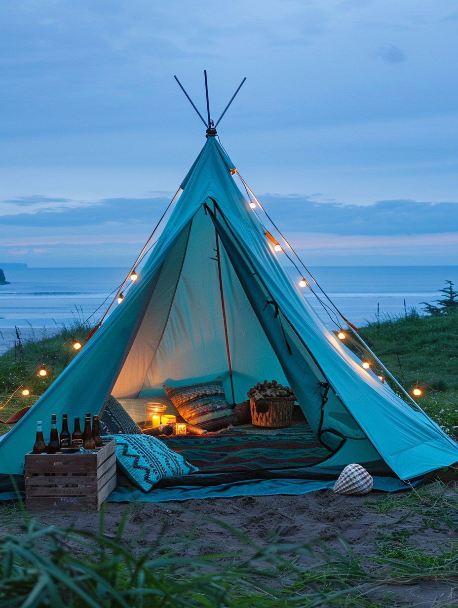 Camping at the beach. A teal, eight-person tent pitched halfway on sandy soil and green grass on the edge of an isolated beach against an testament twilight sky. Vests with luminescent fluorescent riding hanging casually from a protruding branch. Several mismatched fluffy stencilled pillows scattered casually inside the tent, various beach-inspired decors completing the casual yet organized setting, including seashell string lights softly lit around the tent entrance with a connecting breezy handcrafted floral garland. Wooden crate holding several frosty bottled beers and mini liquor bottles tucked into ice.