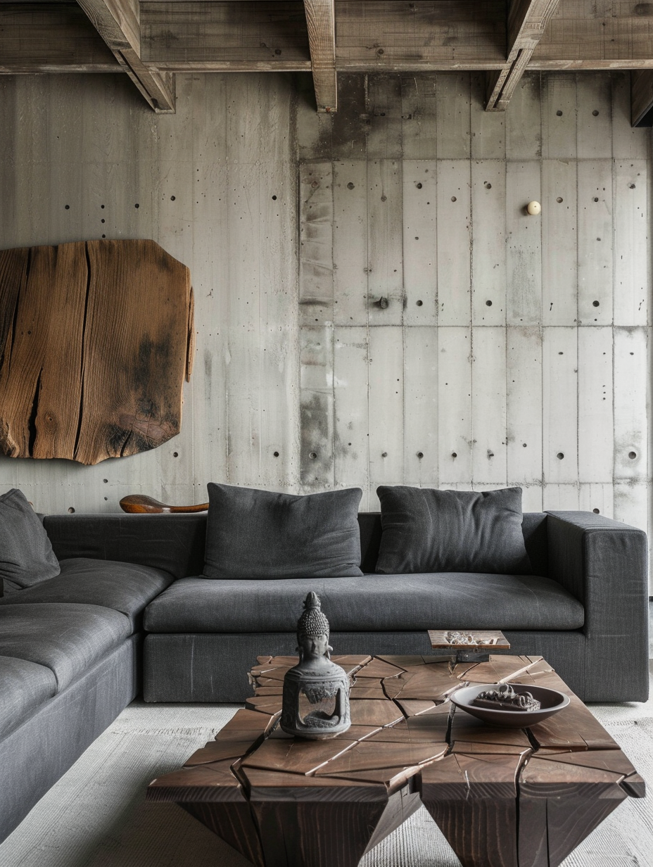 Living room, brutalist design. Concrete walls, geometric wooden coffee table, charcoal gray sofa.