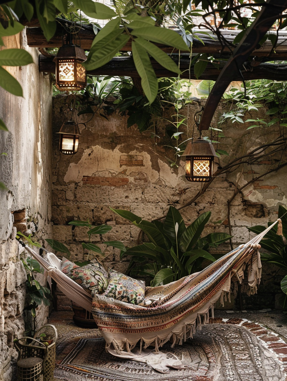 Boho garden design. Hammock with tribal printed cloth and rustic post lanterns softly illuminating the area next to a light pink peace lily plant complemented by a stonework mosaic on an aged brick walls.