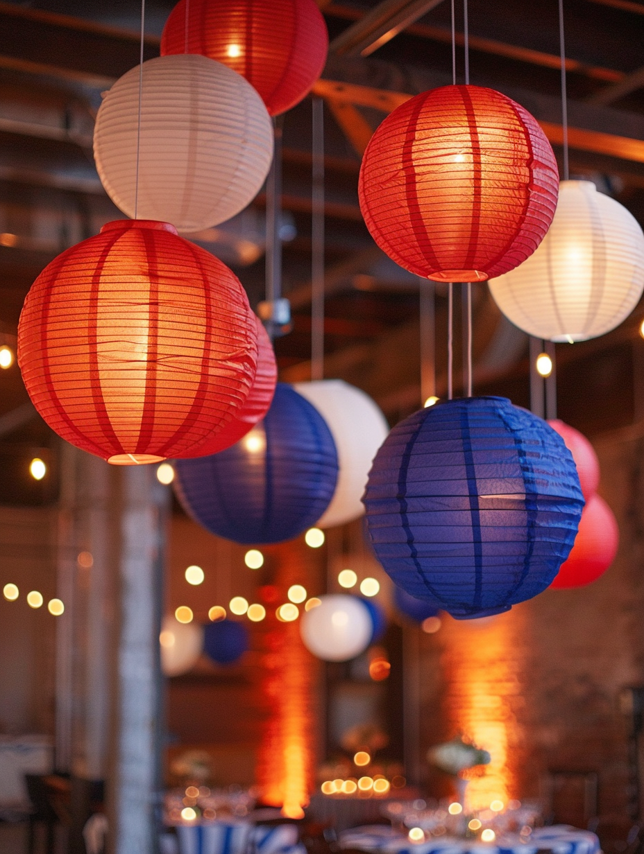 Loft party. Paper lanterns in red, white, and blue.