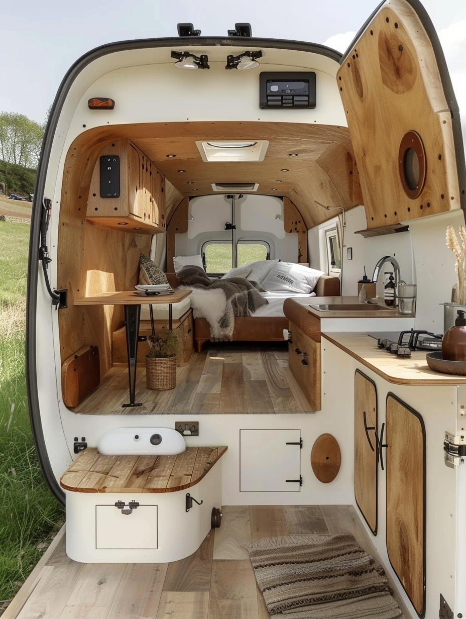 Small camper interior. Natural wooden finishes coupled with white walls, panoramic window at the back, loft area for sleeping, compact kitchen unit under reclaimed wood cabinets, weathered leather sofa with removable table, visible storage compartments and small, space-saving bathroom with eco-friendly composting toilet.