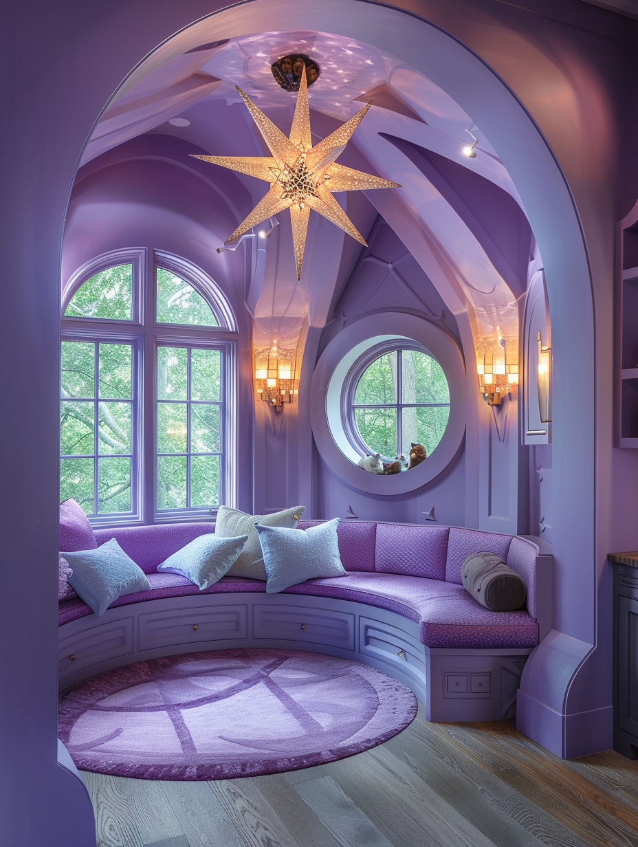 Whimsical house room design. Circular study room painted in lavender with star-shaped pendant light fixtures.