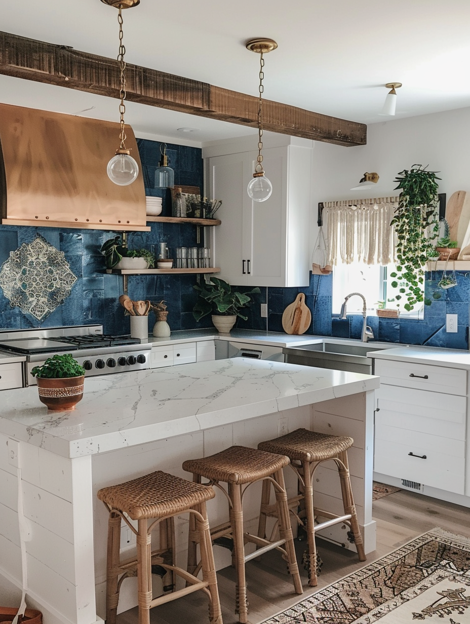 Boho Kitchen. Wooden open shelving, Morrocan tile backsplash in deep sea blue color, large T-shaped marble island, hanging macrame plant holders with green herbs, and copper accents throughout.