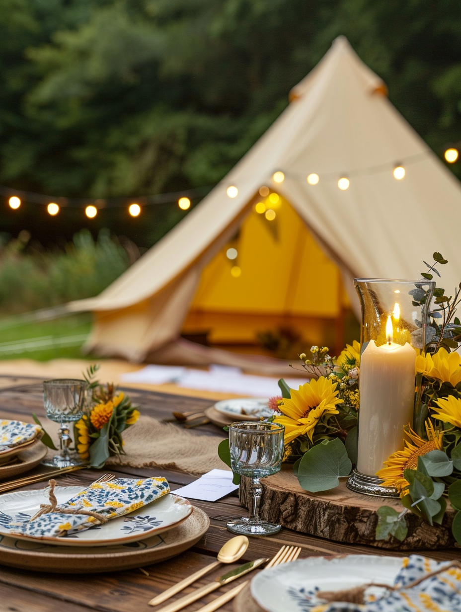 Glamping design. Yellow bell tent finished with sunflower motif bunting, open peephole filled with warm LED lights, a centerpiece of a sunflower bouquet positioned on an old oaken tableery