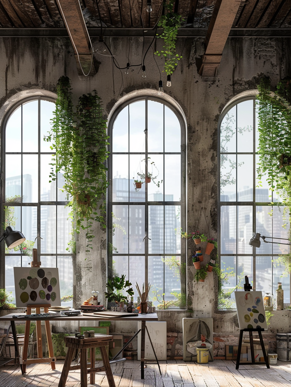 Loft art studio design. Industrial style loft space with three large arched windows allowing natural sunlight, modern hanging greenery, easels adorned with various art materials, and well-used oil paint palette on a weathered wooden table.