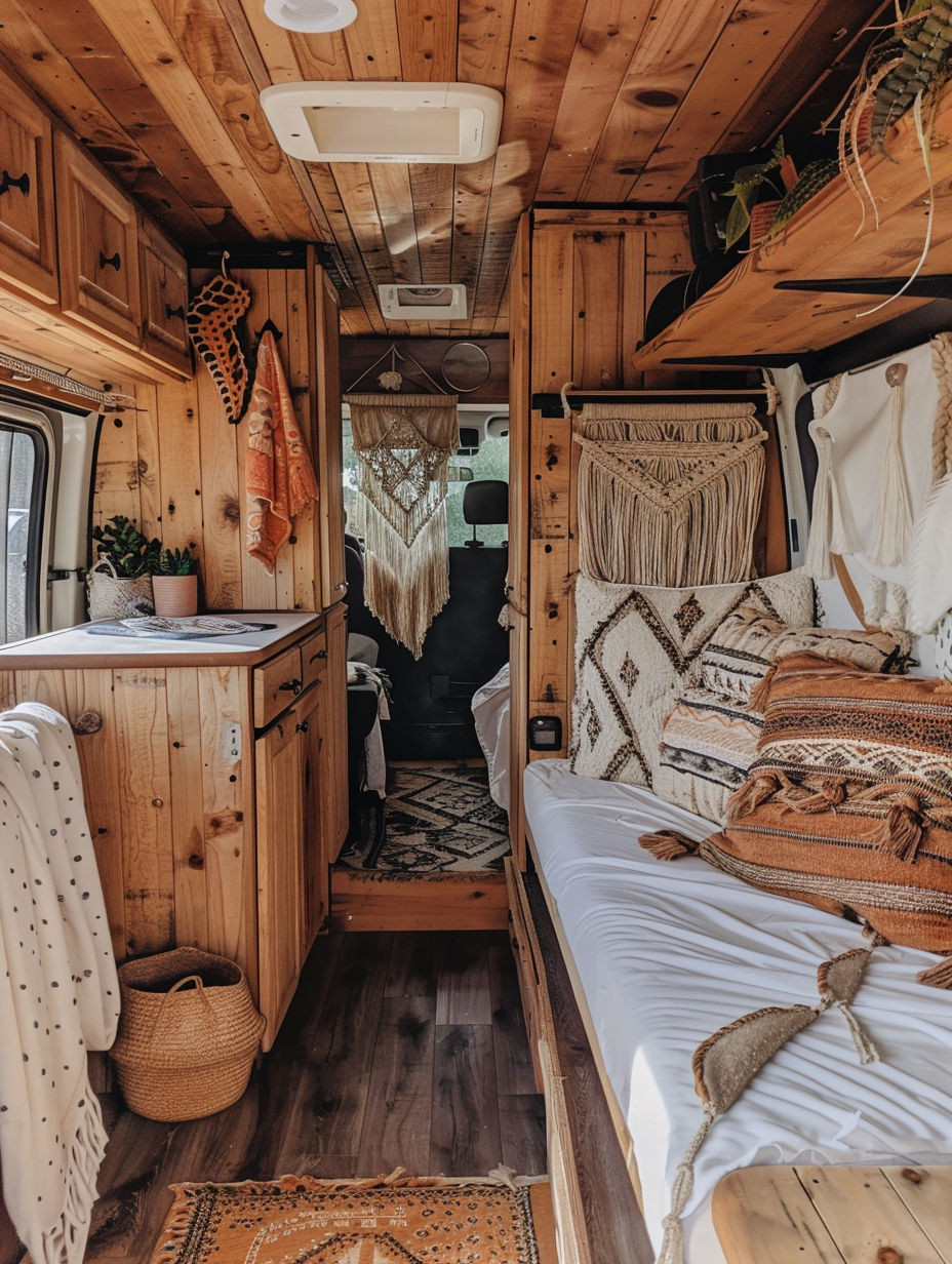 Boho RV Camper interior. Hanging macrame art, patterned throw pillows and rustic wood finishes with a peek of the fully equipped compact kitchen in the background.