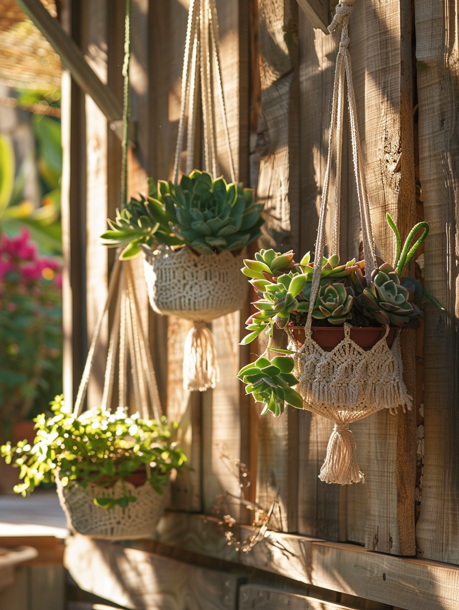 Boho exterior design. Hanging macramé planters with succulents against a sun-bleached timber-cladded wall.