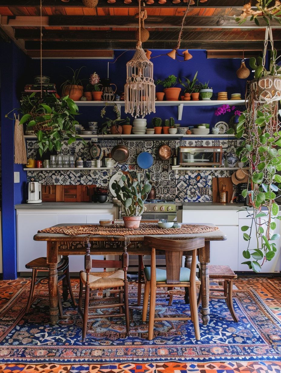 Boho kitchen. Burnt orange terra cotta floor with Morrocan mosaic tile detailing. White open shelves against deep cobalt blue wall showcasing earthenware ceramics. Central island with reclaimed wood surface amidst potted succulents and cacti. Walls decorated with Turkish tapestries and macrame hangers. Fading antique rug situated under a distressed wood dinner table accompanied by mismatched restored antique chairs. Single naked light bulb hanging down from the ceiling, surrounded by handmade string chandelier.