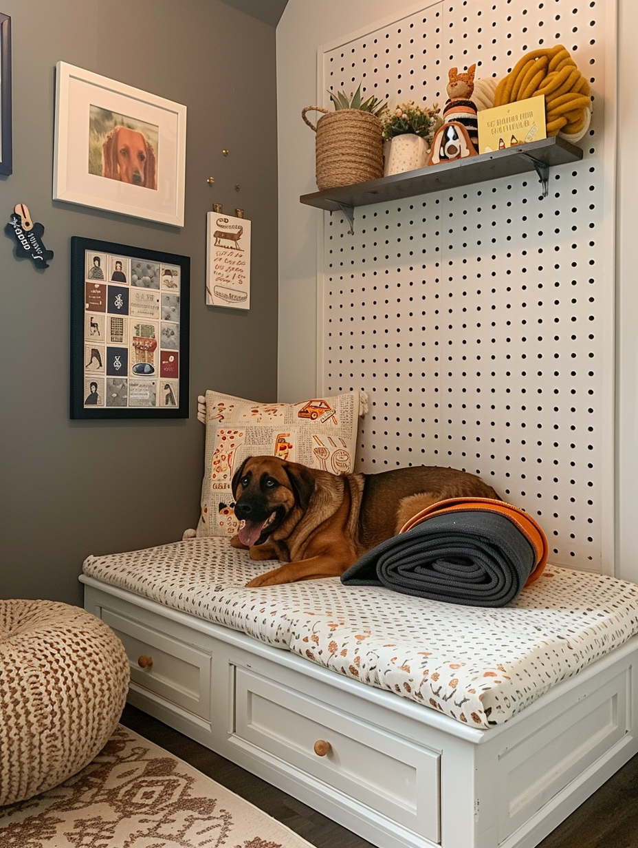 Dog-friendly corner in the apartment. Bottom drawer transformed into a cozy bed with plush blanket.

Dog-friendly corner in the apartment. Small memory foam mattress in living room corner with personalised nametag. 

Dog-friendly corner in the apartment. Stack of dog-themed board games near an ottoman.

Dog-friendly corner in the apartment. Framed hand-drawn portrait of german shepherd mounted on hallway wall. 

Dog-friendly corner in the apartment. Terracotta food and water dog bowls with twist design.

Dog-friendly corner in the apartment. Custom container holding squeaky toy collection by living room door.

Dog-friendly corner in the apartment. Braided rope tug toy hanging from study room doorknob.

Dog-friendly corner in the apartment. Kitchen corner with floating shelves, dog treat jars and mini chalkboard messages.

Dog-friendly corner in the apartment. Perfect medium-sized wooden crate adorned with a dog's name and cozy blankets minutes from front door. 

Dog-friendly corner in the apartment. Photo collage featuring pet's memories on living room cube shelving.

Dog-friendly corner in the apartment. Glass jar filled with assortment of dog chew bones placed on weathered ladder-style corner shelf.

Dog-friendly corner in the apartment. DIY peg board hanging stylish summer and winter bandanas room.