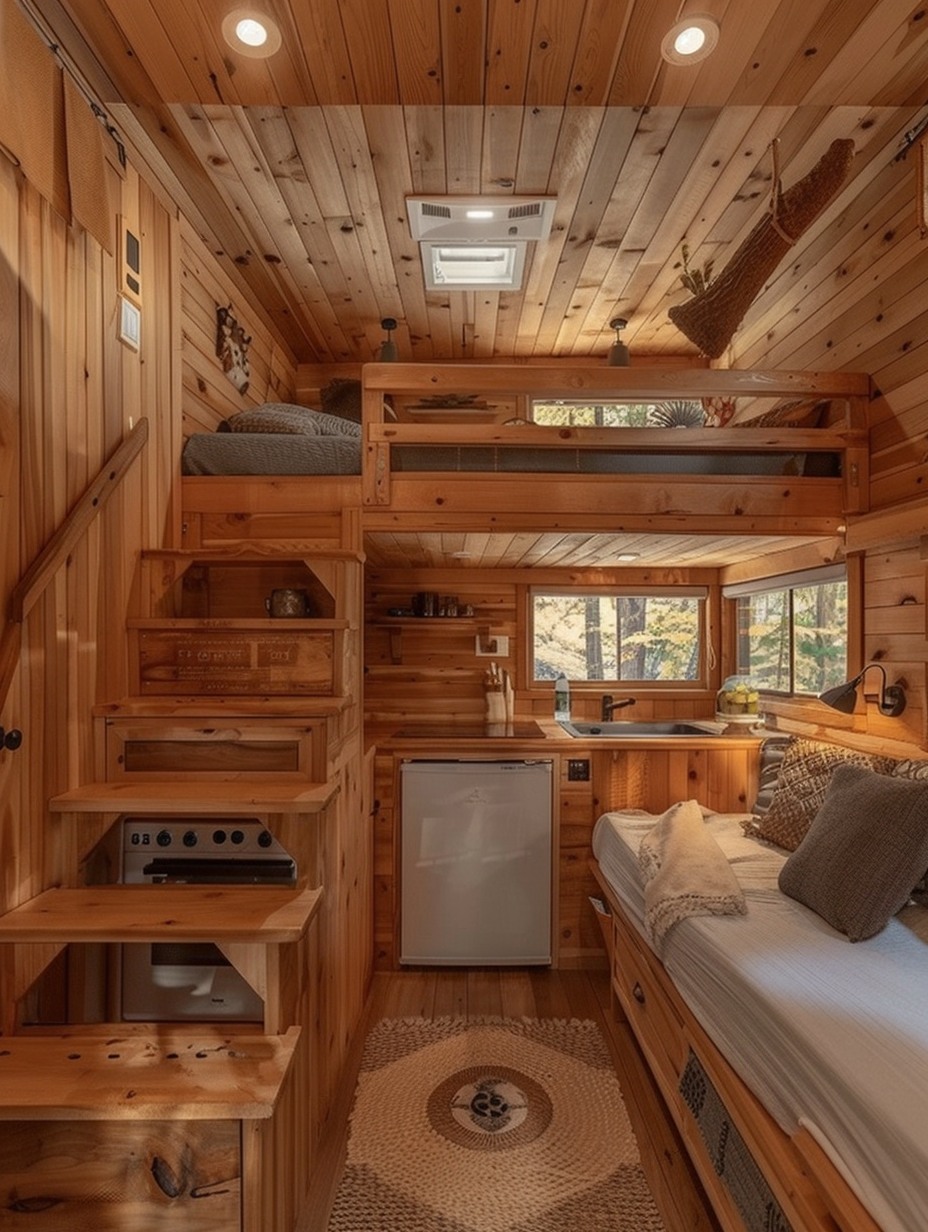 Small camper interior idea. Wood-paneled interiors with lofted bed and kitchenette section visible.