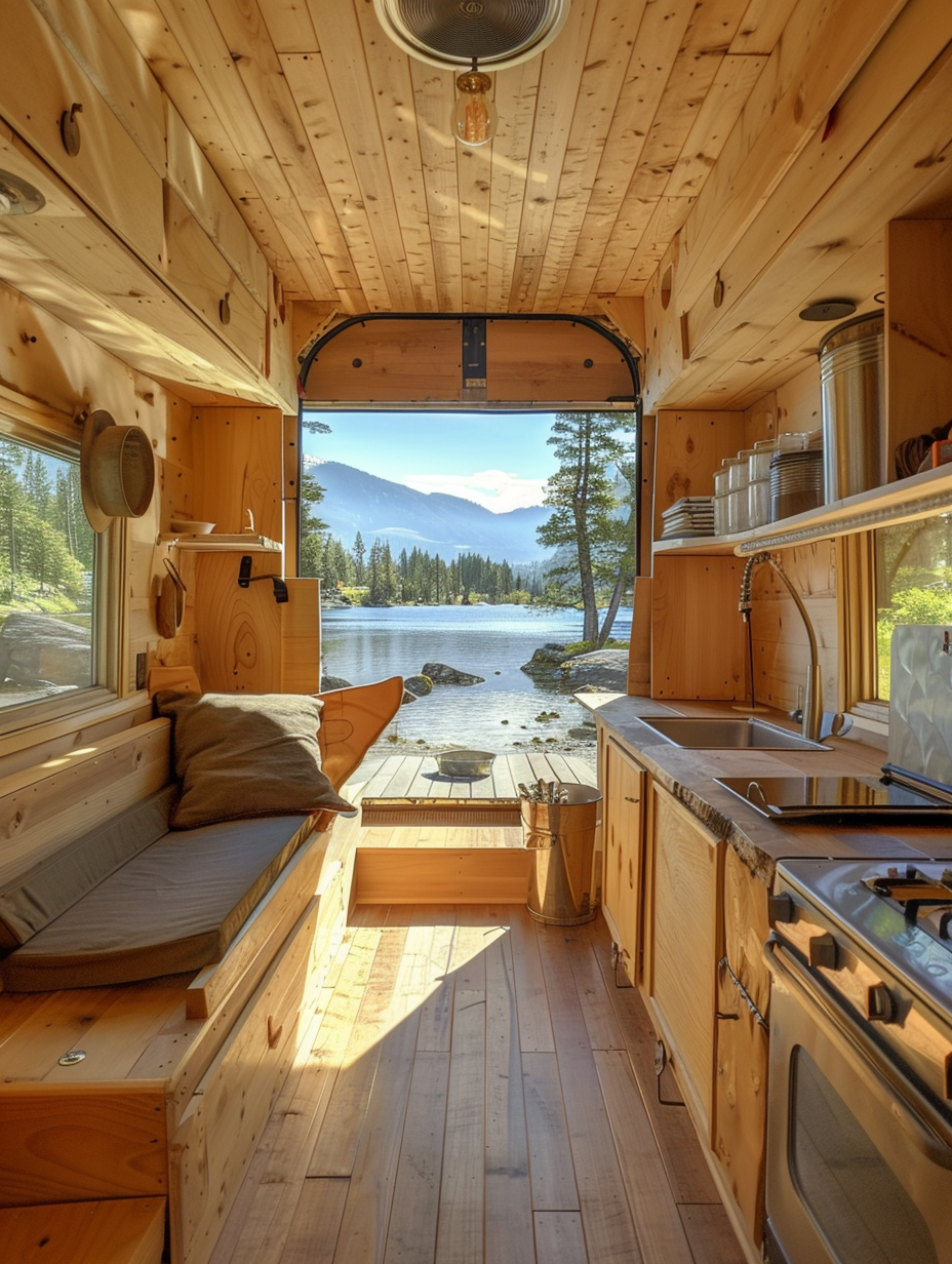 Small camper interior. Open floor plan with exposed pine wood framing, wall-mounted fold up bed, portable stainless steel stove, hanging pails for shelf storage, and hardwood flooring with a large glazed front window showcasing a panoramic view.