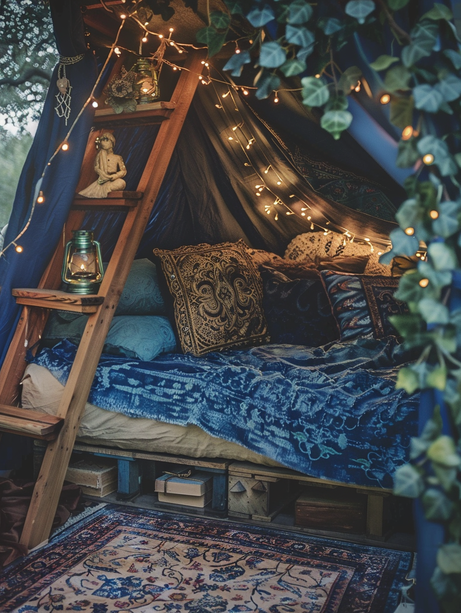 Glamorous tent interior. Layout includes plush navy-blue blankets and frameless gold paisley-printed pillows optimally placed on a homemade aged wooden platform mimicking a bed, a weathered ladder styled with stripped vintage hard cover books and ivy pot plants hanging from tent ceiling, multicolored string lights scattered anomalous all around, alongside small intricate ceramic figurines and handcrafted ornate brass lanterns sitting on a solid reclaimed grain wood box nightstand of Tuscan interiors inspiration.