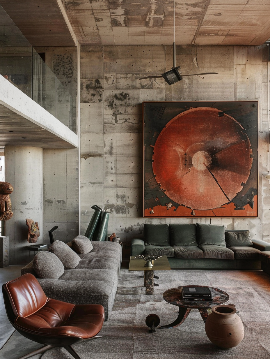 Living room in brutalist design. Exposed concrete walls with large-scale dramatic artwork.