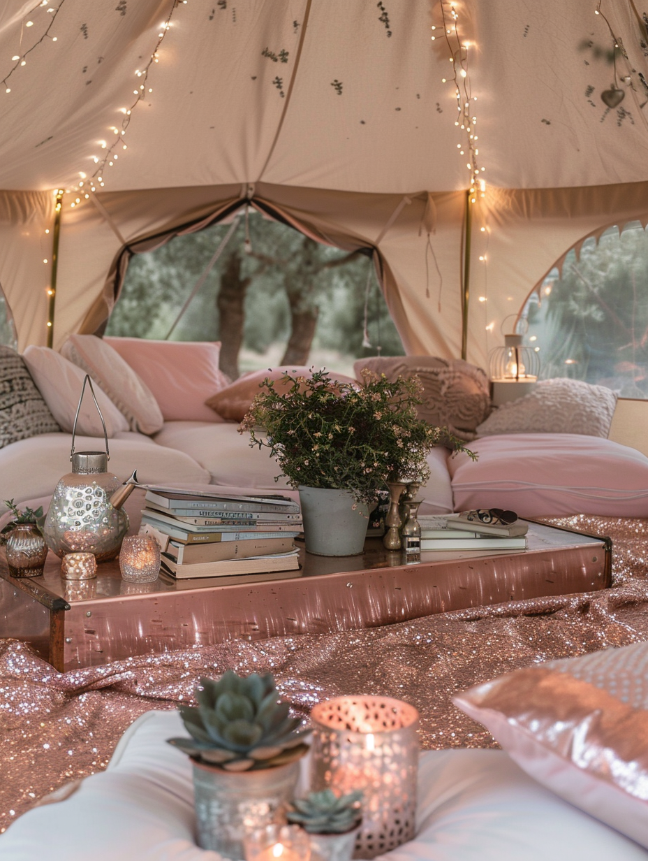 Glamorous interior of tent. Rose gold fairy string lights woven over the top of a pale pink and silver cushion-filled bell tent, containing a low copper table topped with potted succulents and scattered second-hand poetry books, amidst a selection of vintage lanterns.