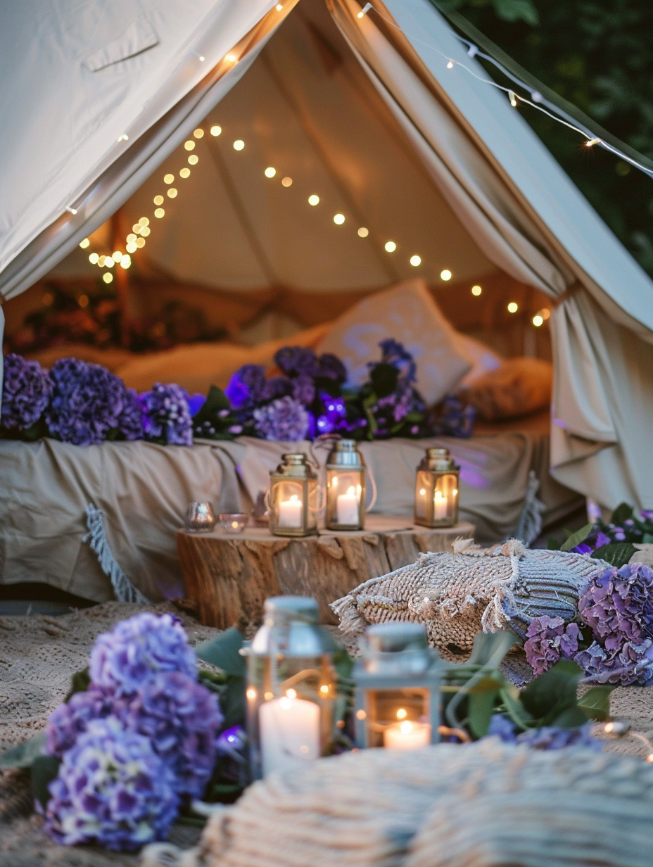 Glamping theme. Lavender fairy lights intertwined with purple hydrangea garlands.