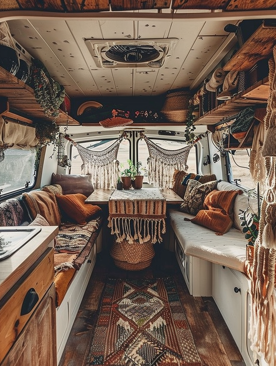 Boho RV Camper. Exposed wooden beams with hanging macrame decor.