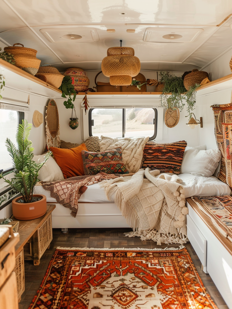 RV Camper interior. Boho styling with layered rugs, global-inspired textiles, and natural wood finishes.