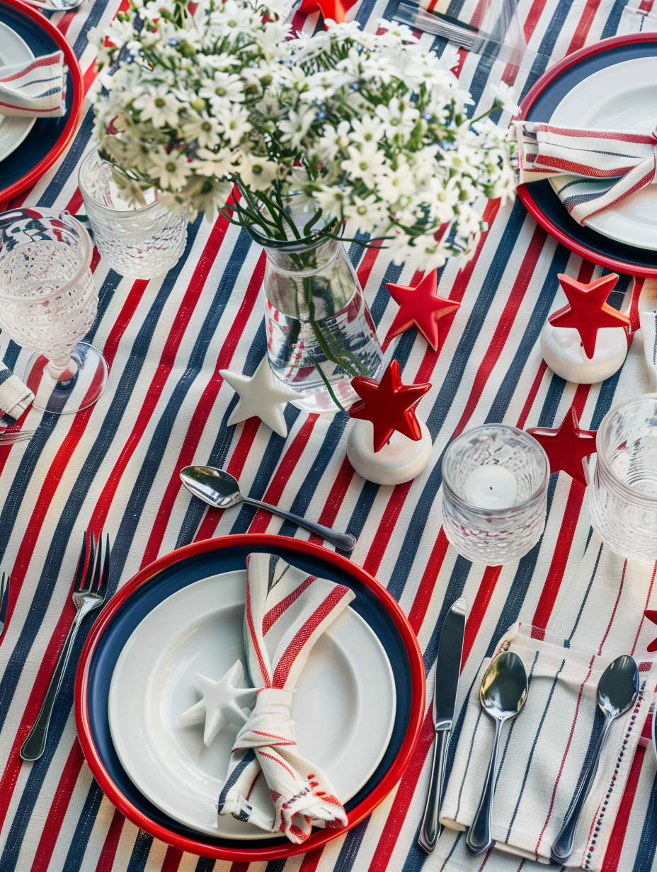 Fourth of July design party. Red, white, and blue table settings with star-shaped napkin holders and stripe-patterned tablecloth.