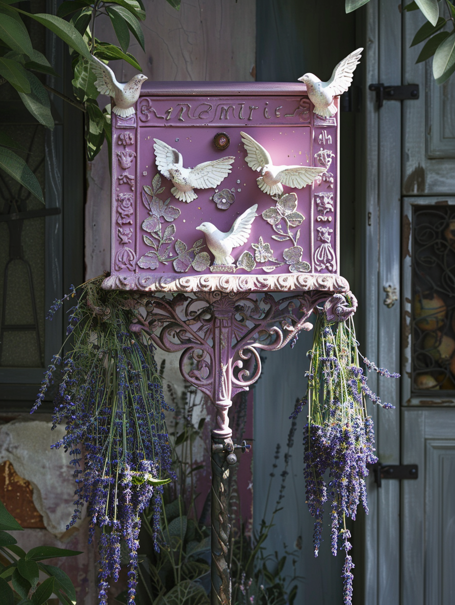 External mailbox design. Victorian-style forged iron stand, pastel-pink mailbox top decorated with carved white doves and glistening dew diamonds, adorned with hanging clusters of fresh lavender.