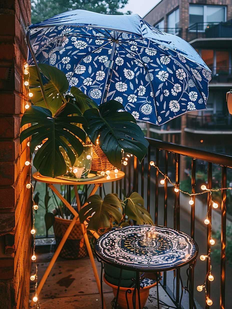 Small urban balcony. Potted monstera plant next to iron bistro set with a string of fairy lights wrapped around a patterned china blue and white umbrella.