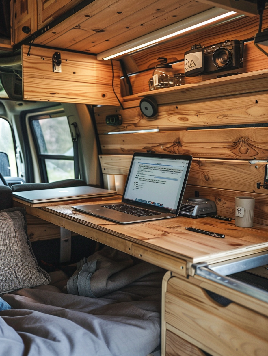 Camper van interior. Wood-paneled compact workspace with a foldable desk, ideal for a laptop.