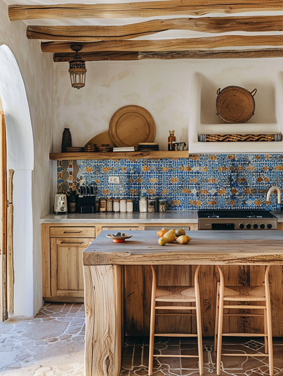 Boho kitchen. Light wooden cabinets with blue and gold geometric Moroccan tiles.