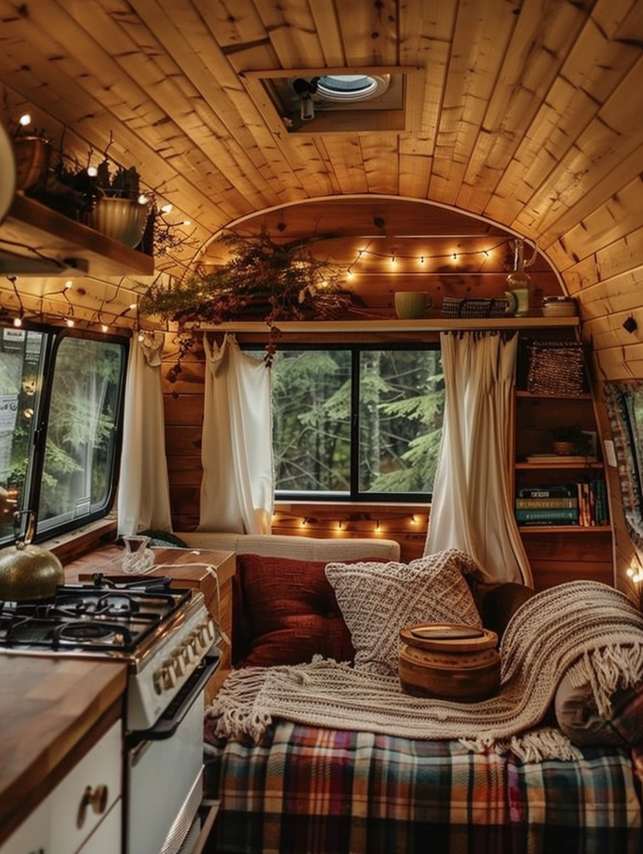 Boho RV camper. String lights hanging from the warm-toned, wooden ceiling, a small, portable cooking range positioned next to a plaid-cushioned bench, white curtains drawn open to reveal a wide, scenic window showing tall evergreen trees, a neatly folded macramé blanket rested upon the seating area, alongside books stacked on a small, hanging shelf.