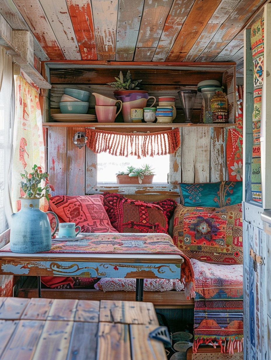 Boho RV camper. Lightly distressed wooden walls, patterned toss pillows Nichols hanging in a corner, Moroccan tablecloth acting as a table runner, visible kitchenette with colourful ceramic mugs and succulents in vintage pots on the counter.