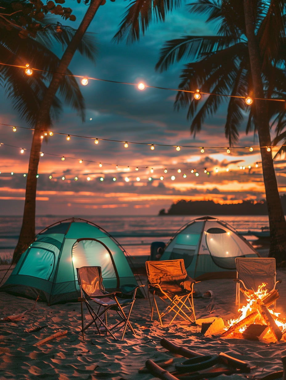 Beach camping design. A sweeping twilight setting featuring a variety of lightweight, compact tents in the hues of teal, a string of small warm-toned fairy lights illuminating the camping area, a muted color palette bonfire setup with a self-catch fire pit, folding chairs arranged in a semi-circle around the fire, the sky in hues of orange and pink reflecting on the coastal waters nearby with a natural backdrop of palm trees.