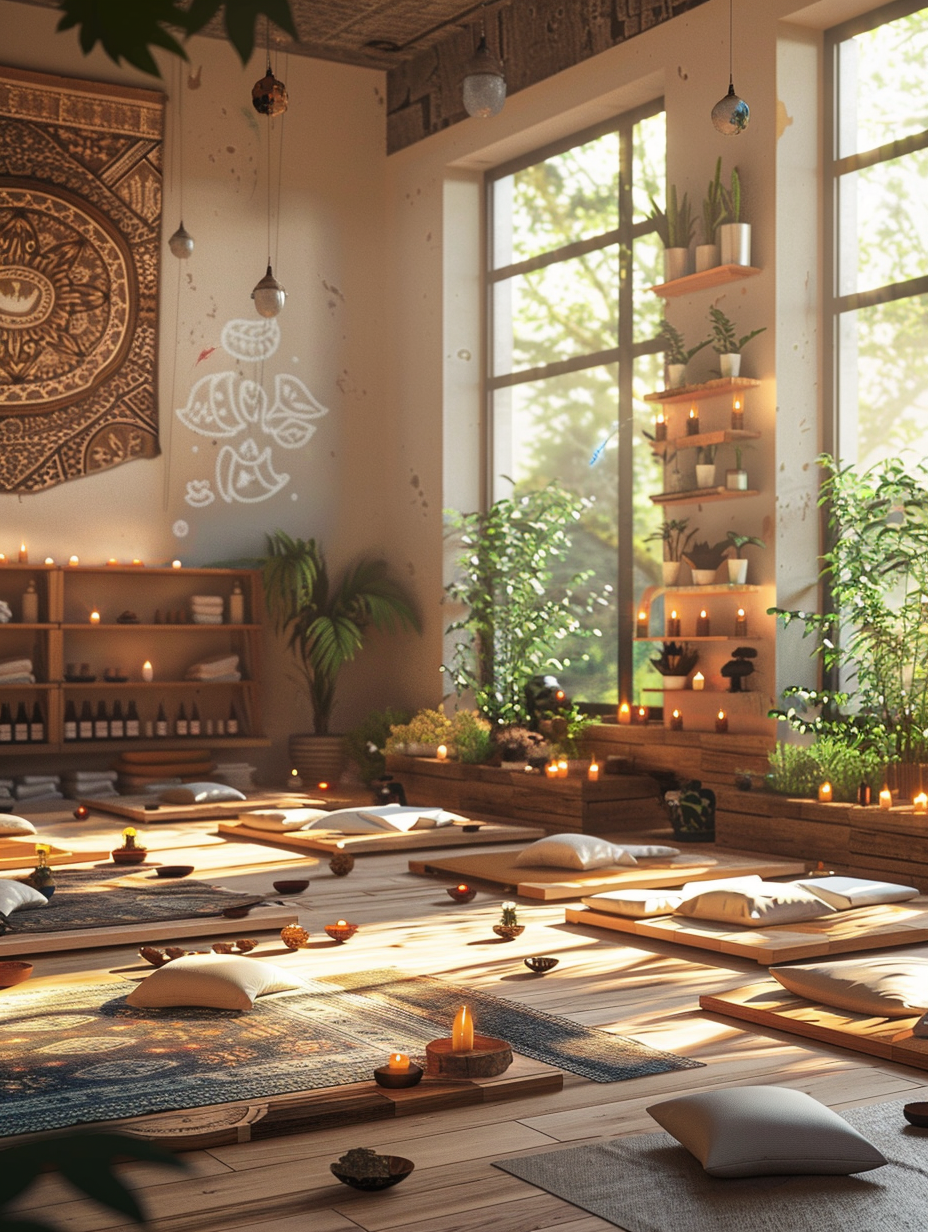 Yoga studio. Open space room with large windows allowing lots of natural light, wooden furniture including shelves and benches, an abundance of green potted plants, various sizes and shapes of mandalas hanging on the walls, tealight candles scattered across wooden tables, and numerous cozy floor mattresses arranged throughout the room.